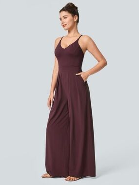 HALARA BREEZEFUL POCKET WIDE LEG QUICK DRY RESORT JUMPSUIT AMARANTH Sz Lg Petite